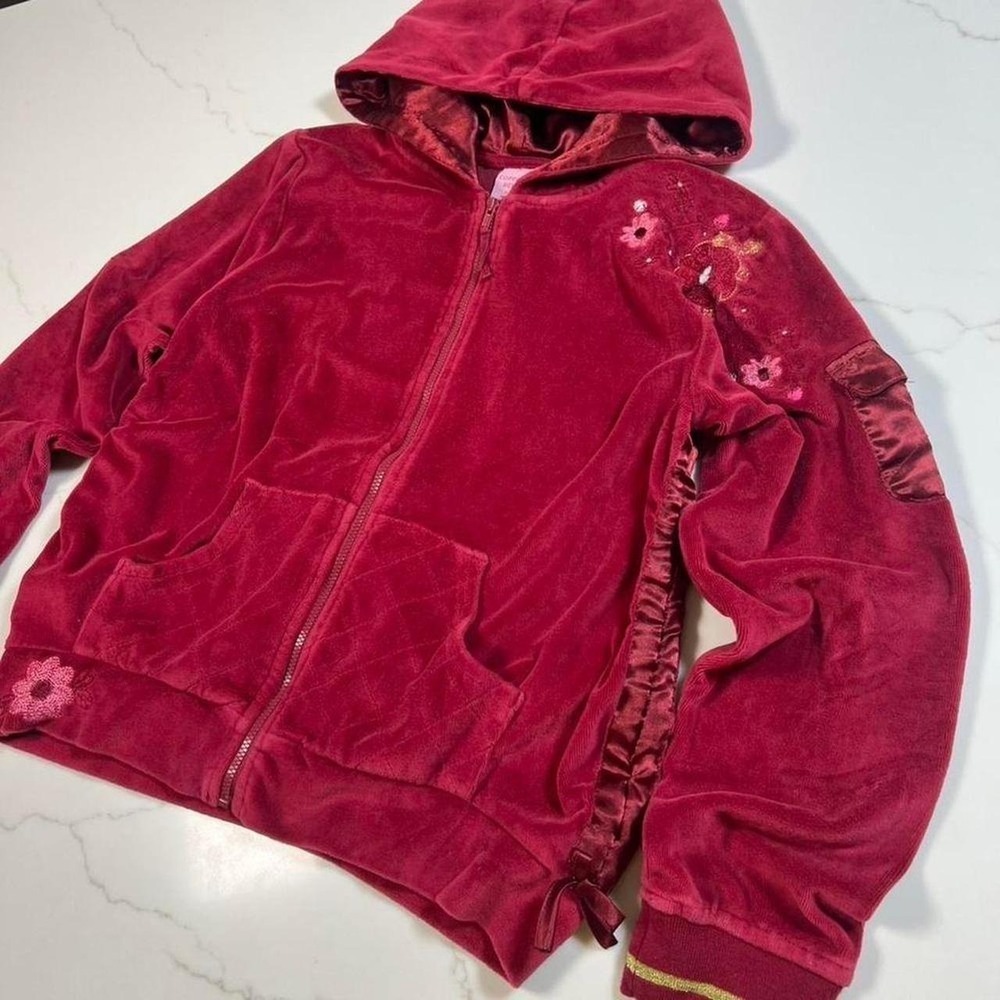 Copper Key Girls Maroon Velour Zip Up Hoodie Floral Embroidery Y2K Size 14